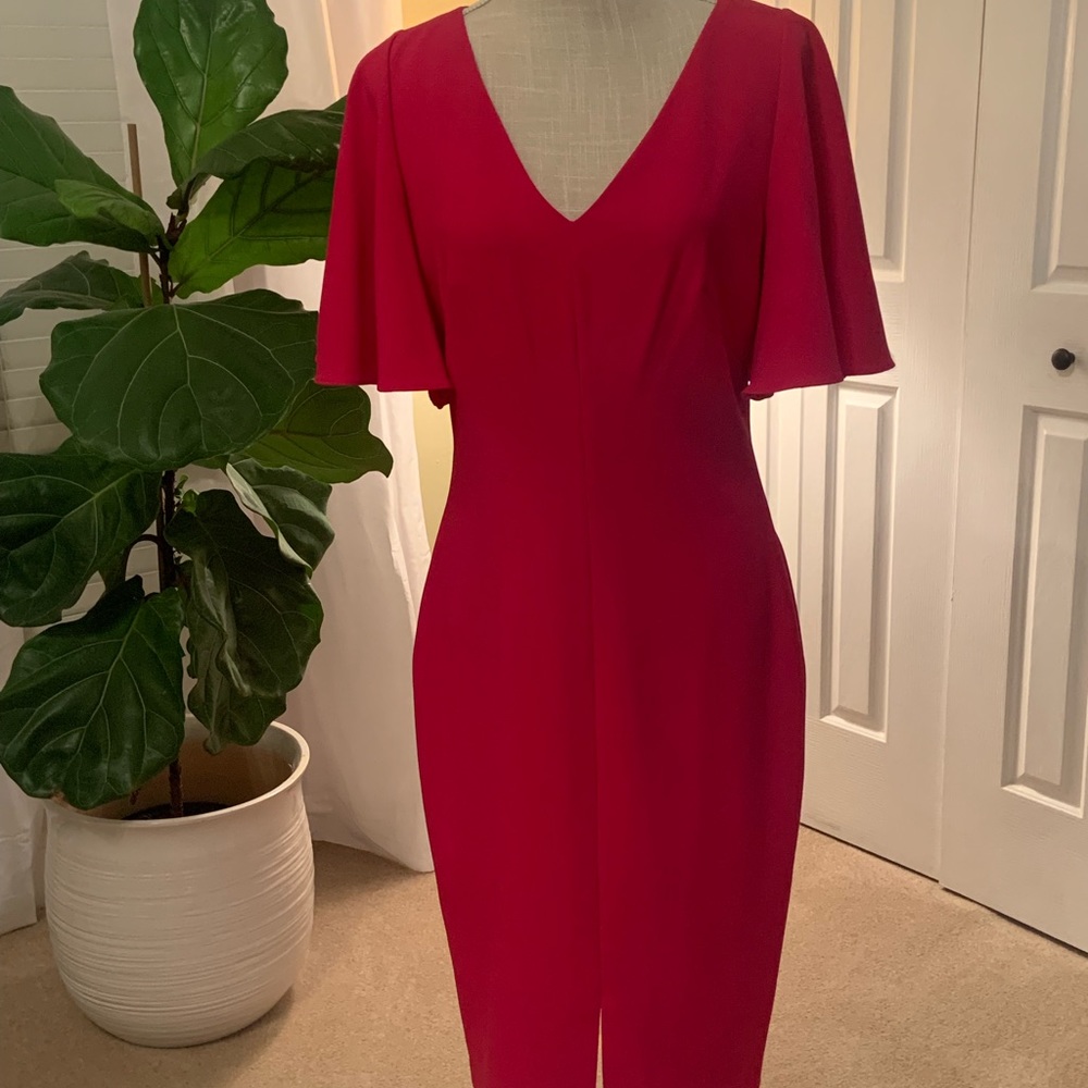 Eliza J sheath dress with flutter sleeves and front split